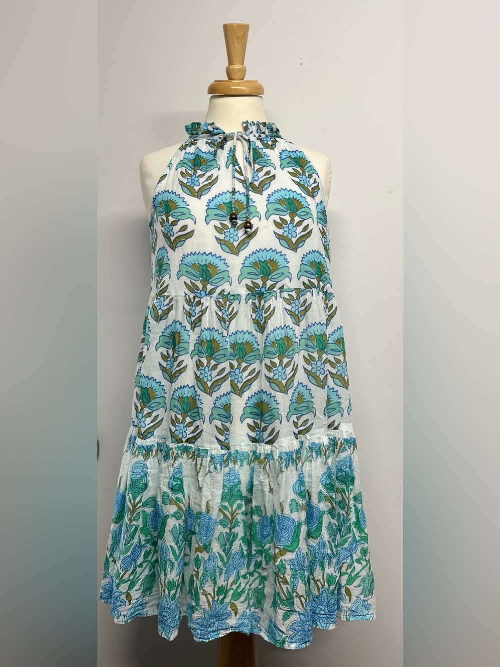 Calypso St. Barth Floral Cotton Halter Mini Dress Blue Green Size S
